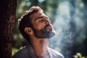 Man exhales in the woods as he exits anxiety treatment in Federal Way, Washington